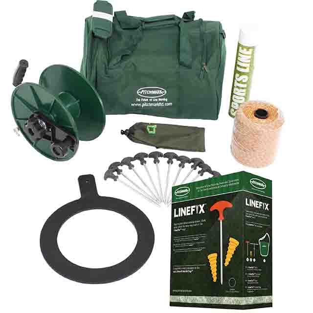 Line marking accessories, including 100 metre tape, reel and string, aerosol spray paint, LineFix socket system